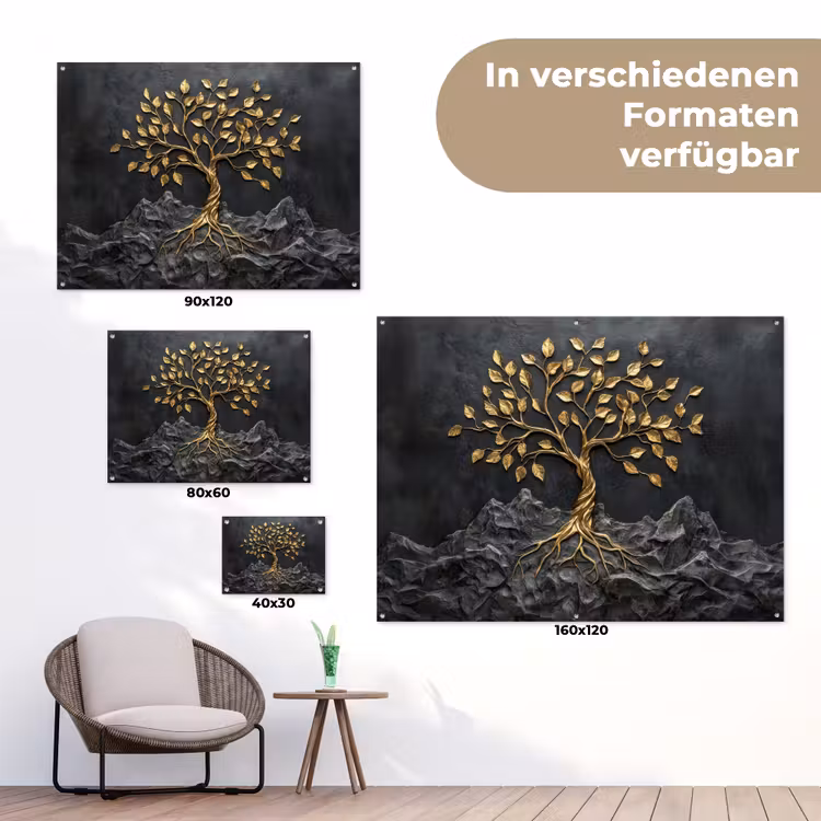 Bladeren - Goud - Boom - Rots tuinposter los doek klein -Xsfeer9_DE