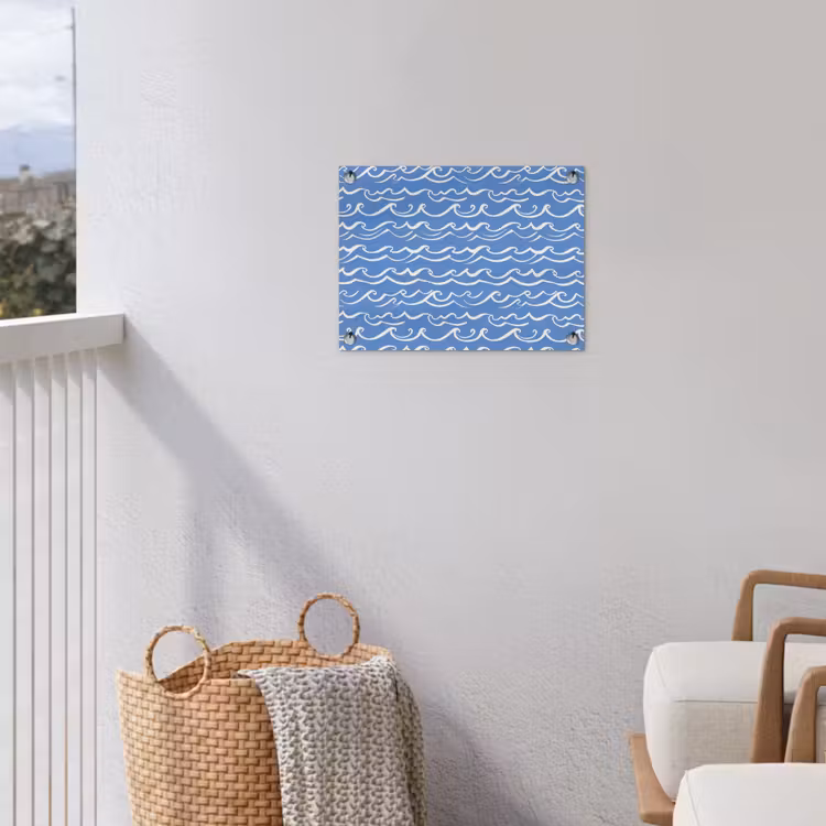Blauw - Wit - Simpel - Getekend - Golven tuinposter los doek klein 239 -sfeer8