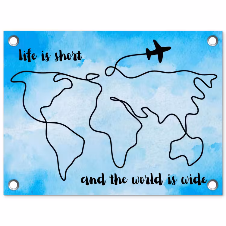 Blauw - Quote - Wereldkaart tuinposter los doek klein -3d