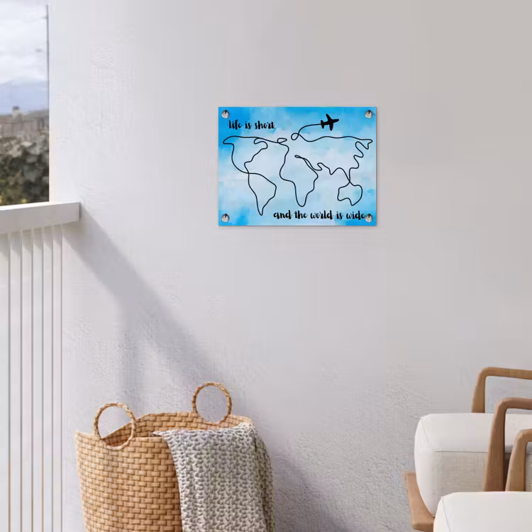 Blauw - Quote - Wereldkaart tuinposter los doek klein -sfeer8
