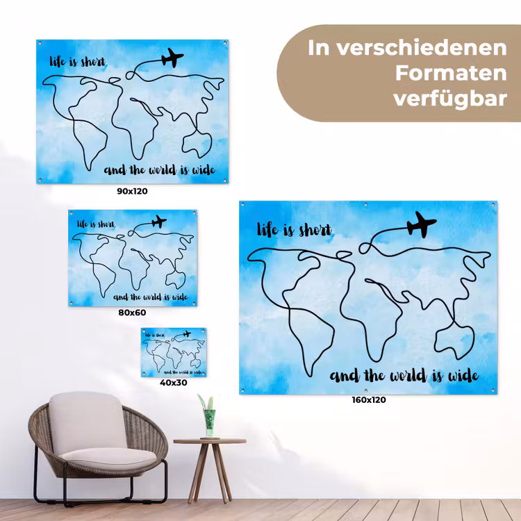 Blauw - Quote - Wereldkaart tuinposter los doek klein -Xsfeer9_DE