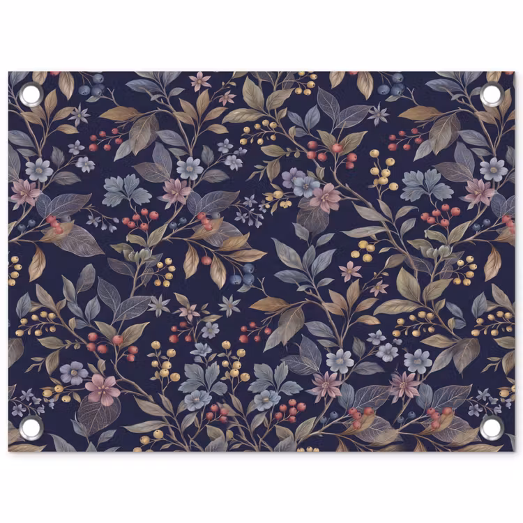 Bloemen - Bladeren - Patroon - Botanisch - Donkerblauw tuinposter los doek klein -3d