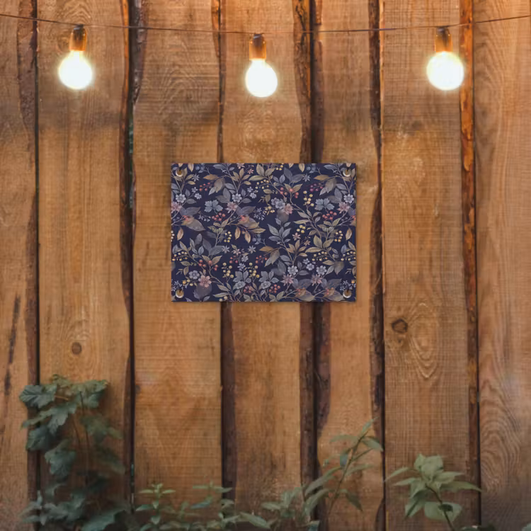 Bloemen - Bladeren - Patroon - Botanisch - Donkerblauw tuinposter los doek klein -sfeer1