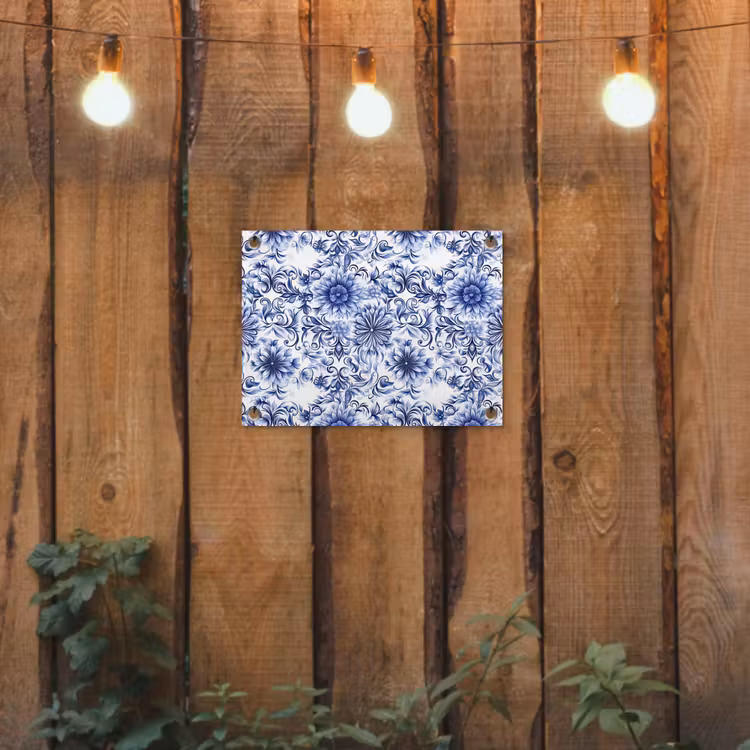 Bloemen - Blauw - Patroon - Wit tuinposter los doek klein 239 -sfeer1