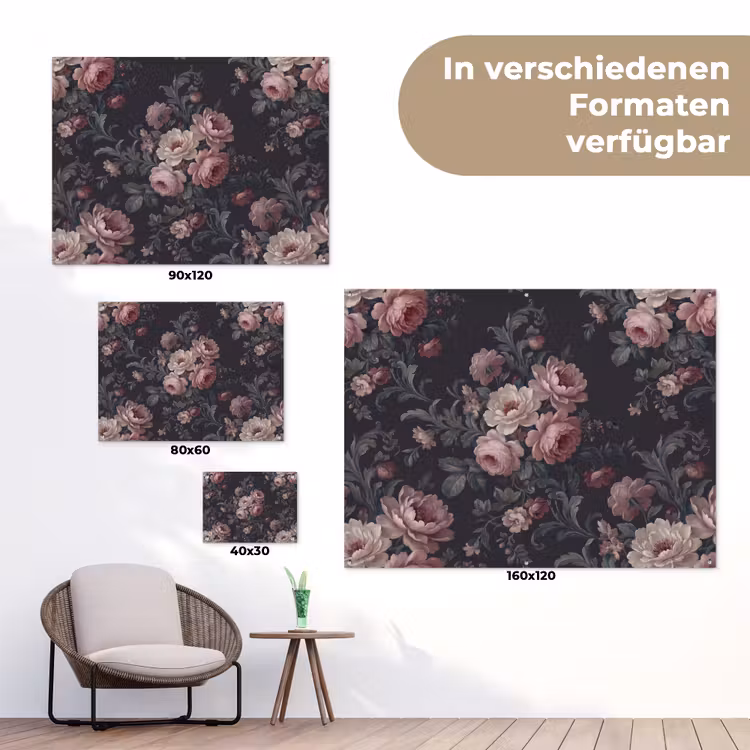 Bloemen - Patroon - Sierlijk - Roze - Donker tuinposter los doek klein -Xsfeer9_DE