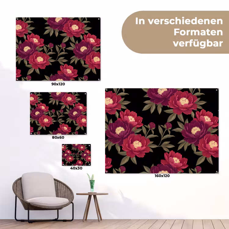 Bloemen - Patroon - Botanisch - Rood - Zwart tuinposter los doek klein -Xsfeer9_DE