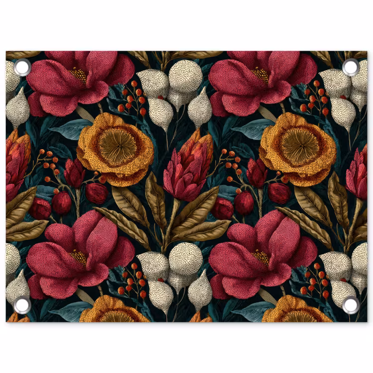 Bloemen - Patroon - Rood - Goud tuinposter los doek klein 239 -3d