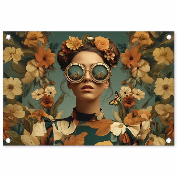 Bloemenkrans - Vrouwengezicht - Zonnebril - Oranje tuinposter los doek klein -3d