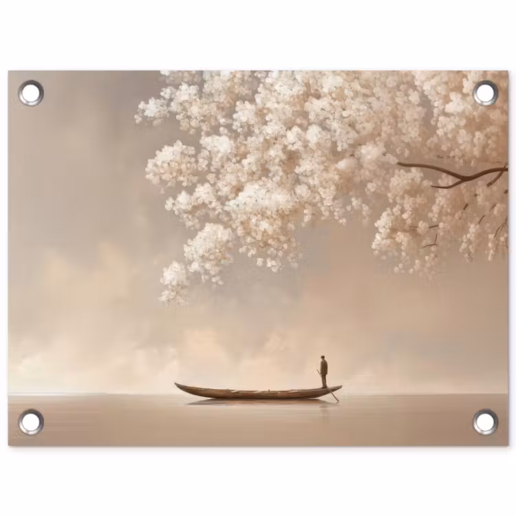 Bloesems - Wit - Boot - Minimalistisch tuinposter los doek klein -3d