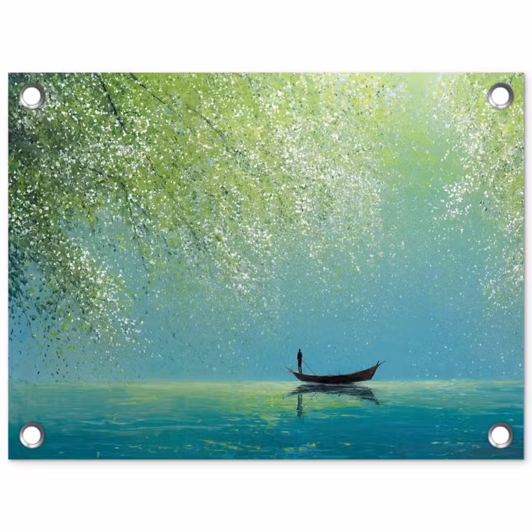 Bootje - Water - Bladeren - Bloesems tuinposter los doek klein -3d