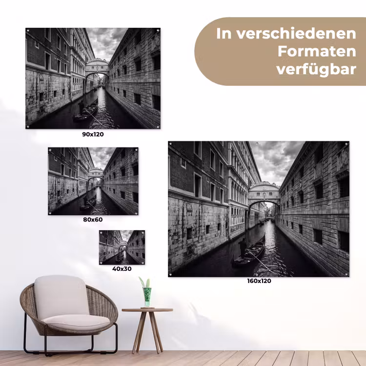 Boot - Waterweg - Stad - Zwart-wit - Architectuur tuinposter los doek klein -Xsfeer9_DE