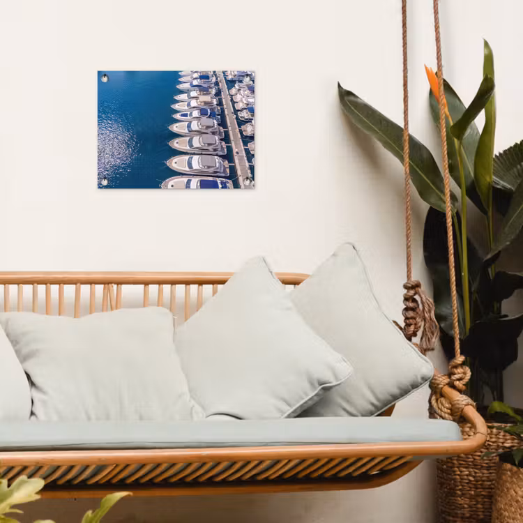 Boot - Jachthaven - Water - Zomer - Blauw tuinposter los doek klein -sfeer7