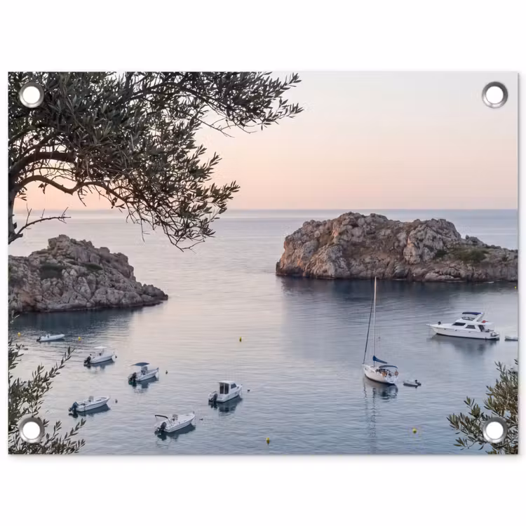 Gartenposter - Bucht – Boote – Sonnenuntergang - Baai - boten - zonsondergang tuinposter los doek klein