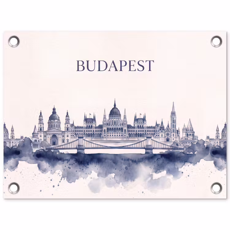 Boedapest - Skyline - Architectuur - Aquarel - Blauw tuinposter los doek klein -3d