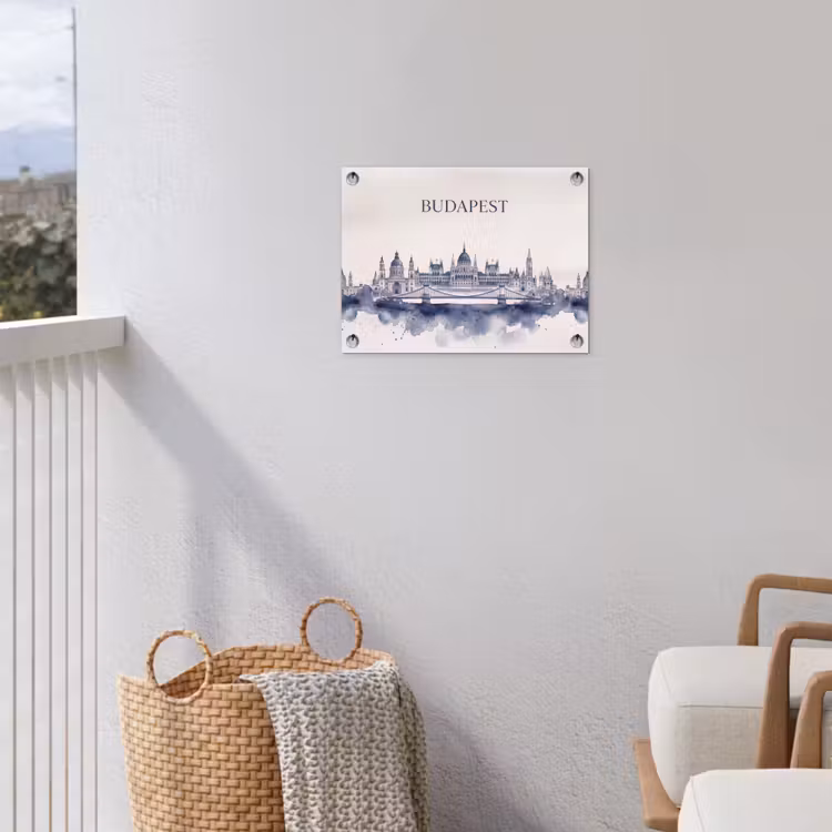 Boedapest - Skyline - Architectuur - Aquarel - Blauw tuinposter los doek klein -sfeer8