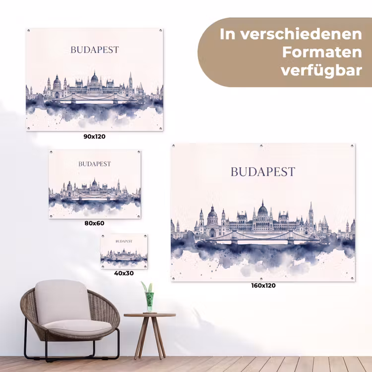 Boedapest - Skyline - Architectuur - Aquarel - Blauw tuinposter los doek klein -Xsfeer9_DE
