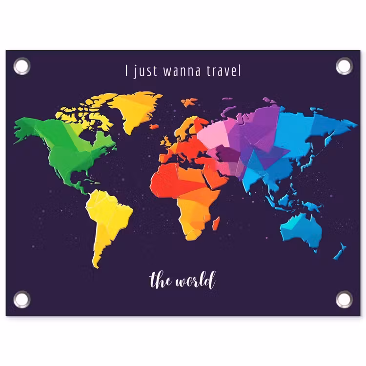 Kleurrijk - Wereldkaart - Travel - Quote tuinposter los doek klein -3d