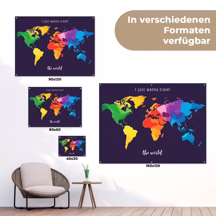Kleurrijk - Wereldkaart - Travel - Quote tuinposter los doek klein -Xsfeer9_DE