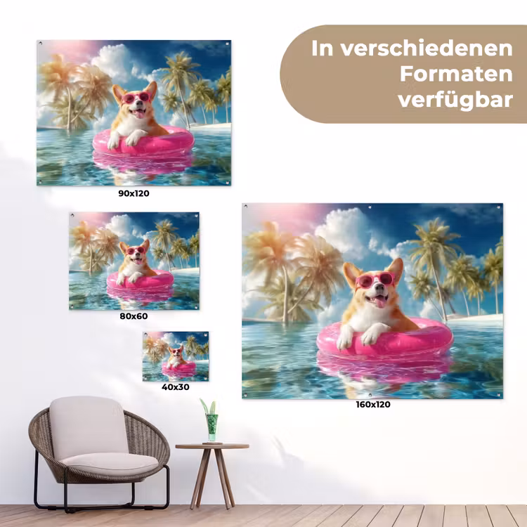 Corgi - Zwemband - Roze - Zonnebril tuinposter los doek klein -Xsfeer9_DE