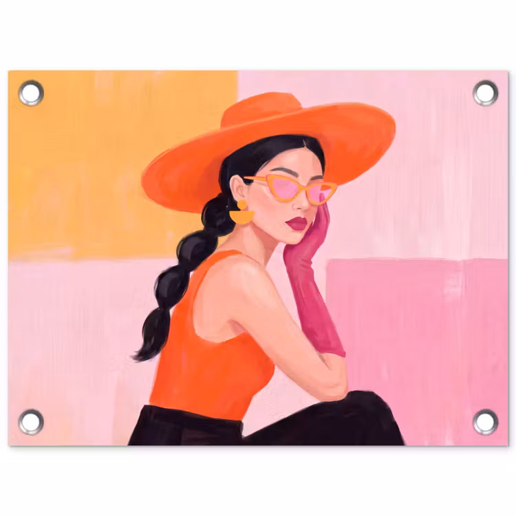 Vrouw - Hoed - Mode - Modern - Oranje tuinposter los doek klein -3d