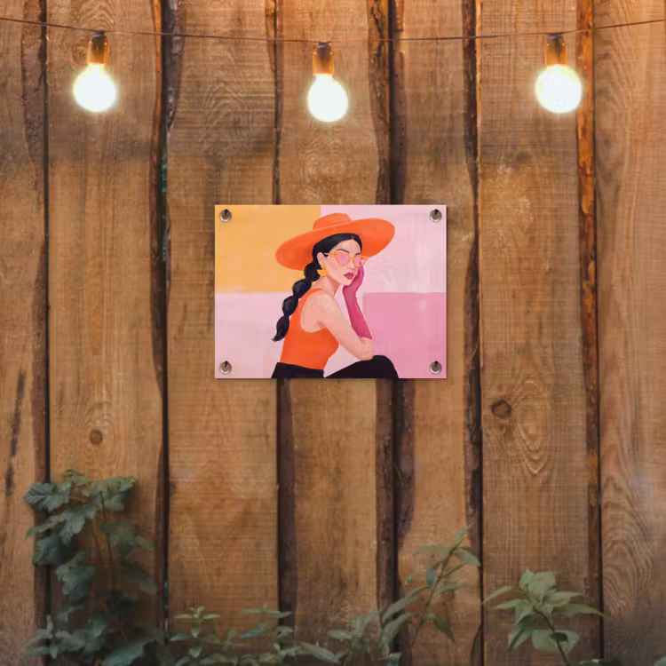 Vrouw - Hoed - Mode - Modern - Oranje tuinposter los doek klein -sfeer1