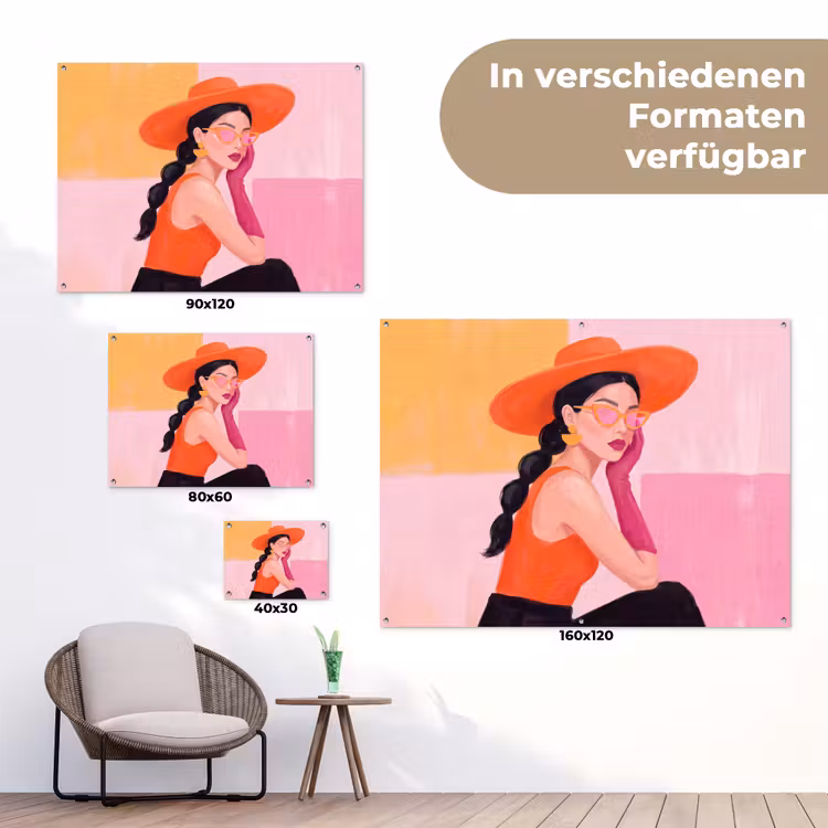 Vrouw - Hoed - Mode - Modern - Oranje tuinposter los doek klein -Xsfeer9_DE