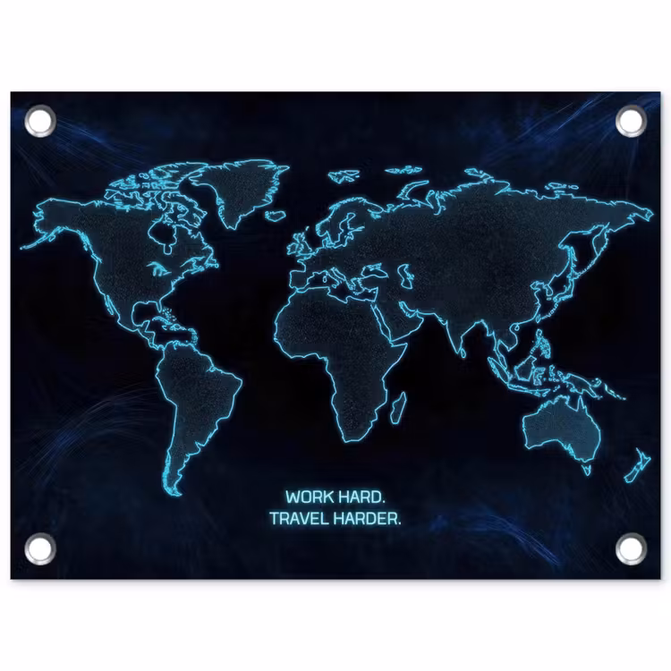 Digitaal - Wereldkaart - Blauw - Quote tuinposter los doek klein -3d