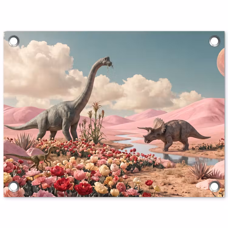 Gartenposter - Dinosaurier – Rosa – Landschaft - Dinosaurus - Roze - Landschap tuinposter los doek klein