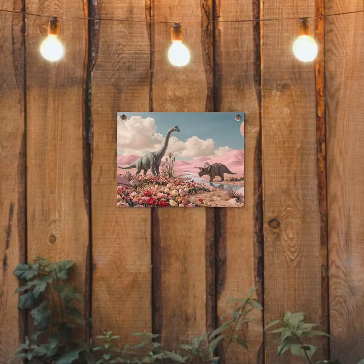 Gartenposter - Dinosaurier – Rosa – Landschaft - Dinosaurus - Roze - Landschap tuinposter los doek klein