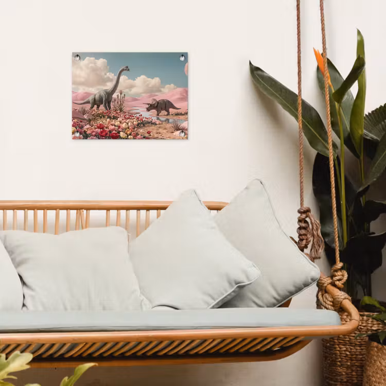 Gartenposter - Dinosaurier – Rosa – Landschaft - Dinosaurus - Roze - Landschap tuinposter los doek klein