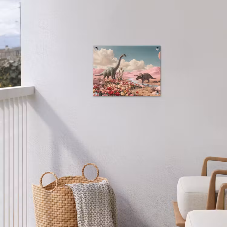 Gartenposter - Dinosaurier – Rosa – Landschaft - Dinosaurus - Roze - Landschap tuinposter los doek klein