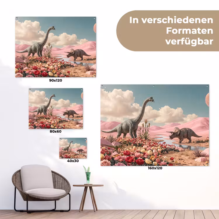Gartenposter - Dinosaurier – Rosa – Landschaft - Dinosaurus - Roze - Landschap tuinposter los doek klein