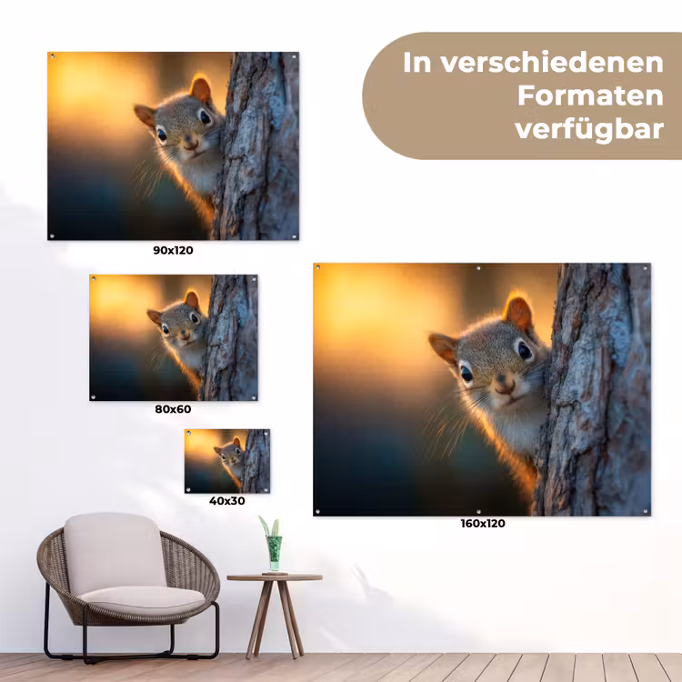 Eekhoorn - Boomstam - Zonsondergang tuinposter los doek klein -Xsfeer9_DE