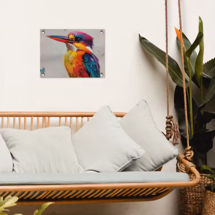 Ijsvogel - Paars - Penseelstreken - Kleurrijk tuinposter los doek klein -sfeer7