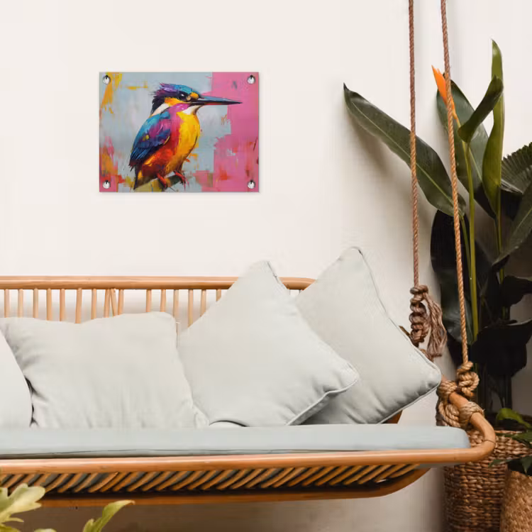 Ijsvogel - Roze - Tak - Penseelstreken tuinposter los doek klein -sfeer7