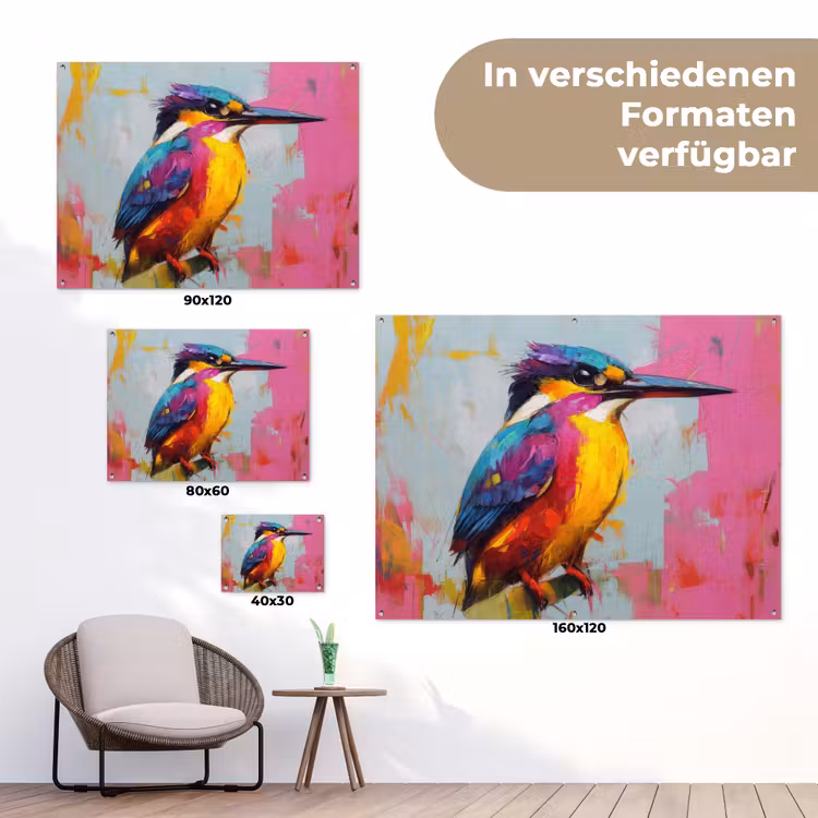 Ijsvogel - Roze - Tak - Penseelstreken tuinposter los doek klein -Xsfeer9_DE