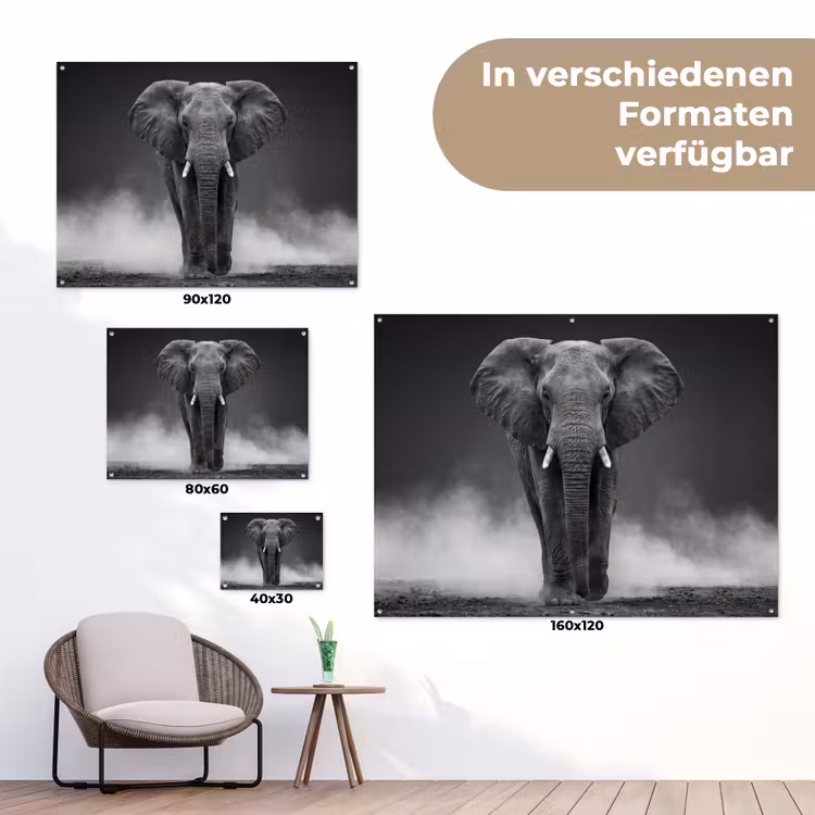 Olifant - Zwart - Wit - Rook tuinposter los doek klein -Xsfeer9_DE