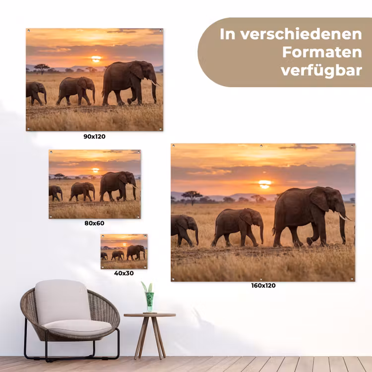 Olifanten - Savanne - Zonsondergang - Afrika - Warm tuinposter los doek klein -Xsfeer9_DE