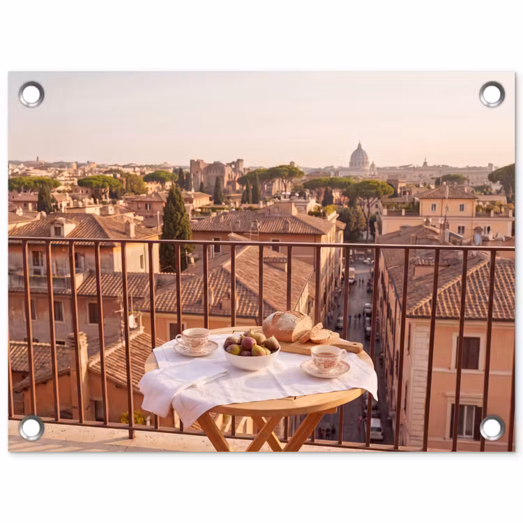 Eten - Ontbijt - Balkon - Stad - Zonsopgang tuinposter los doek klein -3d