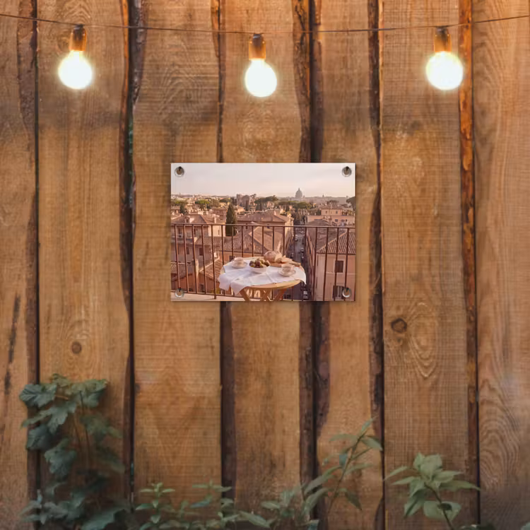 Eten - Ontbijt - Balkon - Stad - Zonsopgang tuinposter los doek klein -sfeer1