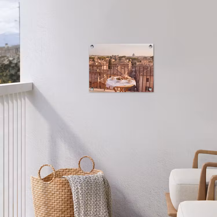 Eten - Ontbijt - Balkon - Stad - Zonsopgang tuinposter los doek klein -sfeer8