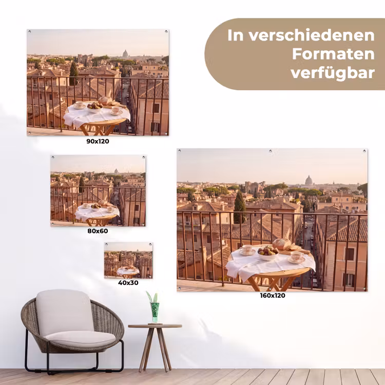 Eten - Ontbijt - Balkon - Stad - Zonsopgang tuinposter los doek klein -Xsfeer9_DE