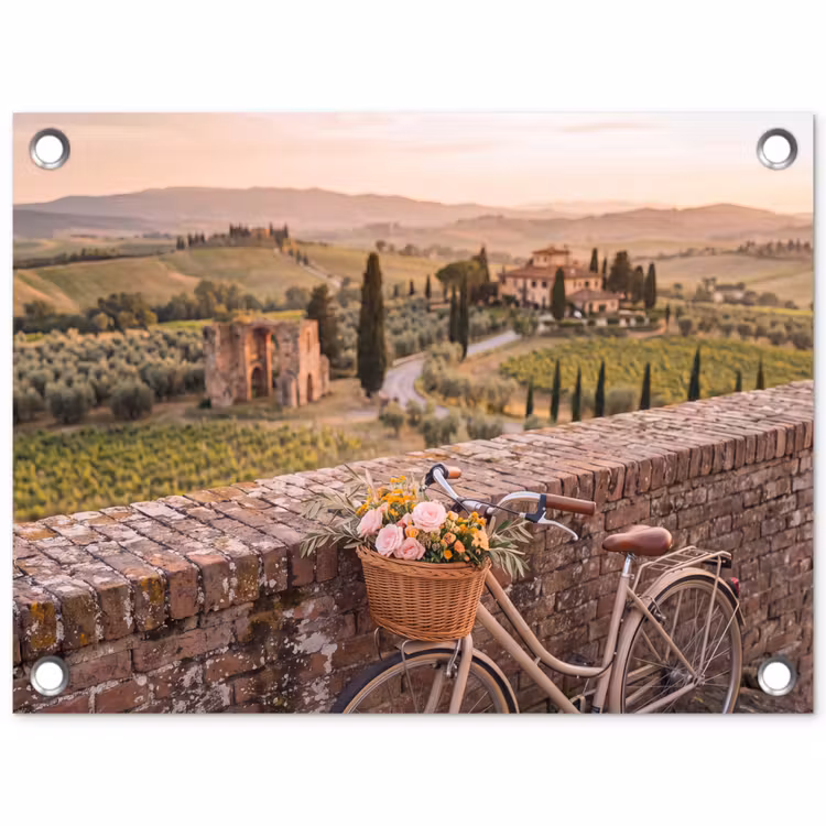 Fiets - Bloemen - Toscane - Landschap - Roze tuinposter los doek klein -3d