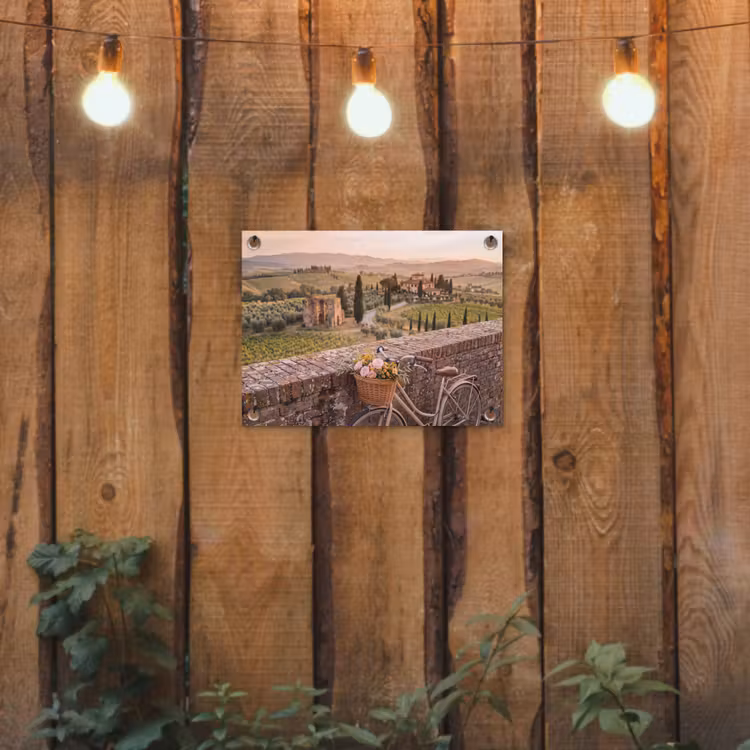 Fiets - Bloemen - Toscane - Landschap - Roze tuinposter los doek klein -sfeer1