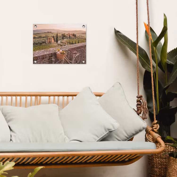 Fiets - Bloemen - Toscane - Landschap - Roze tuinposter los doek klein -sfeer7