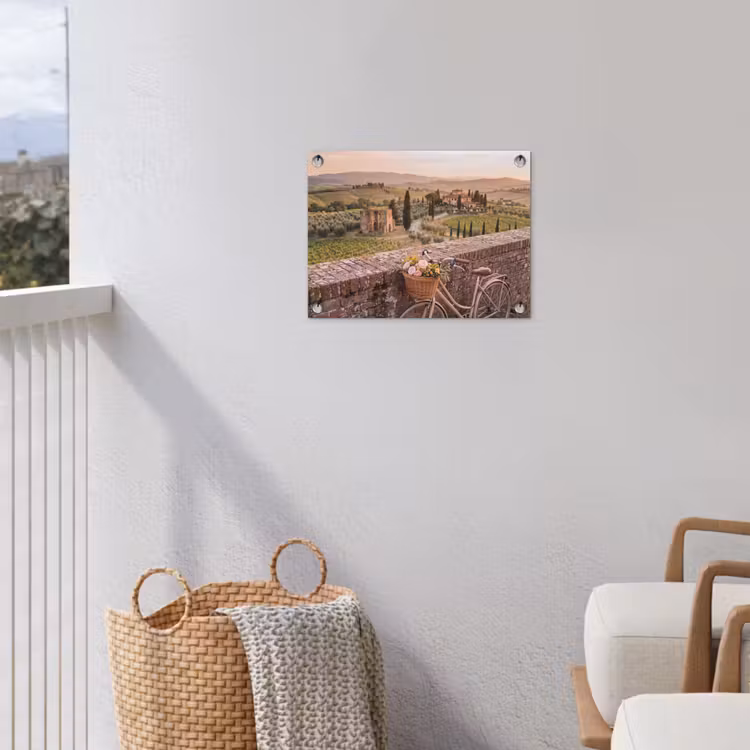 Fiets - Bloemen - Toscane - Landschap - Roze tuinposter los doek klein -sfeer8