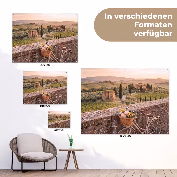 Fiets - Bloemen - Toscane - Landschap - Roze tuinposter los doek klein -Xsfeer9_DE