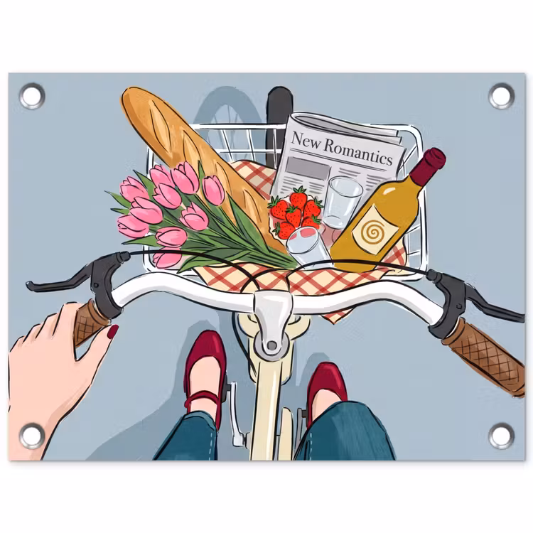 Fiets - Picknick - Zomer - Illustratie tuinposter los doek klein -3d