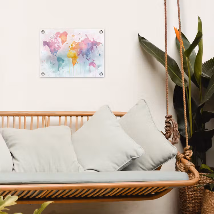 Verf - Pastelkleuren - Wereldkart tuinposter los doek klein -sfeer7