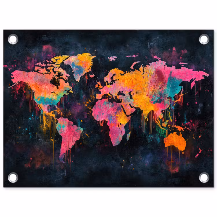 Verf - Wereldkaart - Kleur tuinposter los doek klein -3d